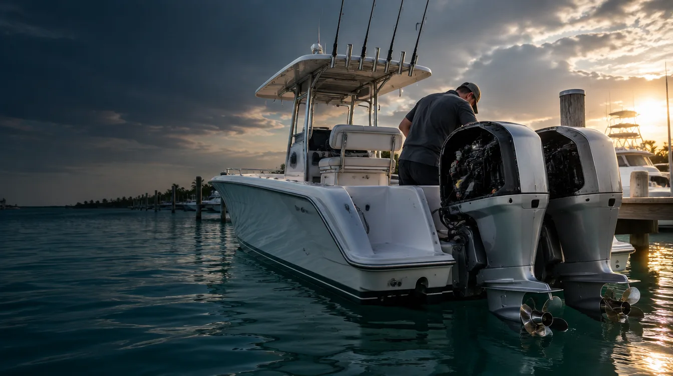 Illustrative dockside scene with a used center-console boat and twin outboards